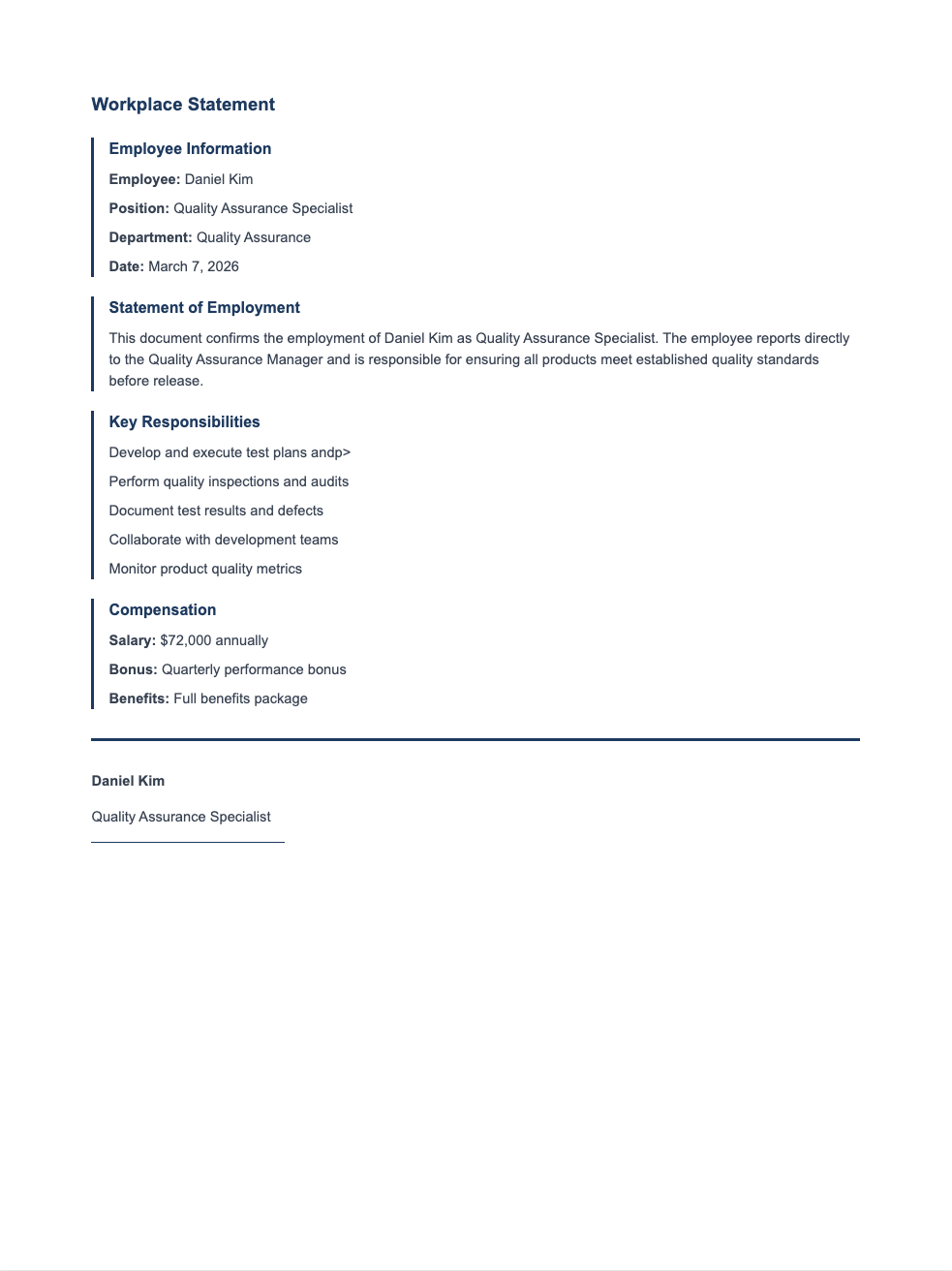 Indented sections workplace statement